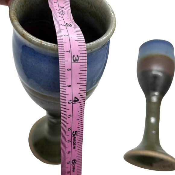 Wine Goblets Flutes Set of Four Ceramic Handmade 1984 Vintage Blue Brown Retro - Picture 12 of 16